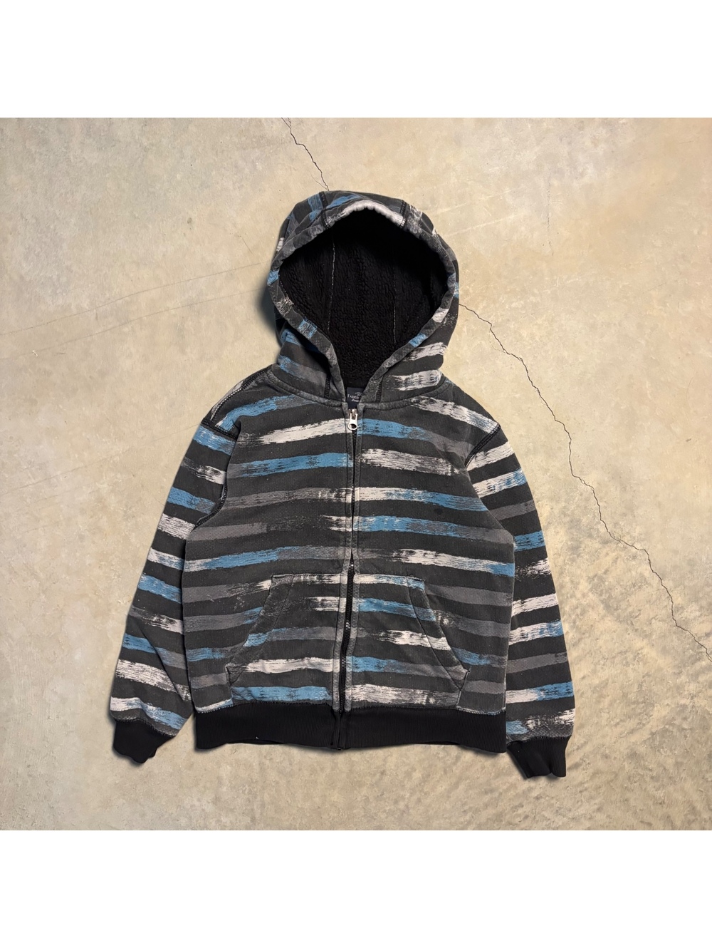 Y2K kids faded glory striped zip up fleece lined hoodie black